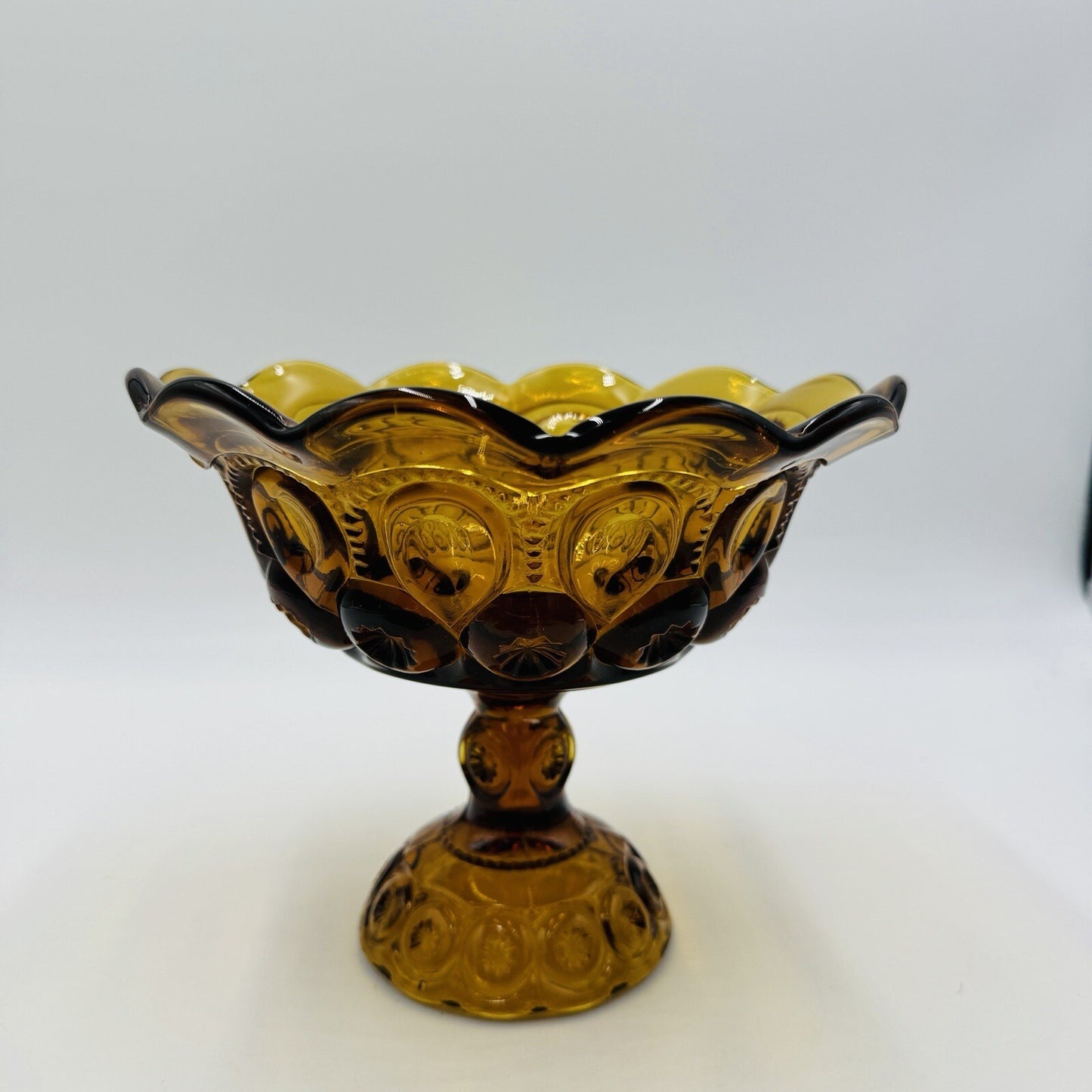 L.E. Smith Moon & Stars Amber Art Glass Pedestal Candy Bowl Dish 7in x 8in