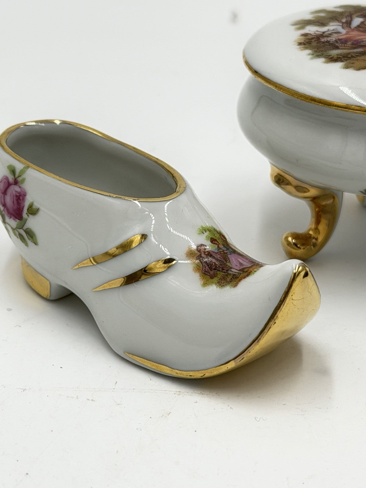 Vintage Limoges Castel France Miniature Victorian Shoes & Trinket Box Porcelain