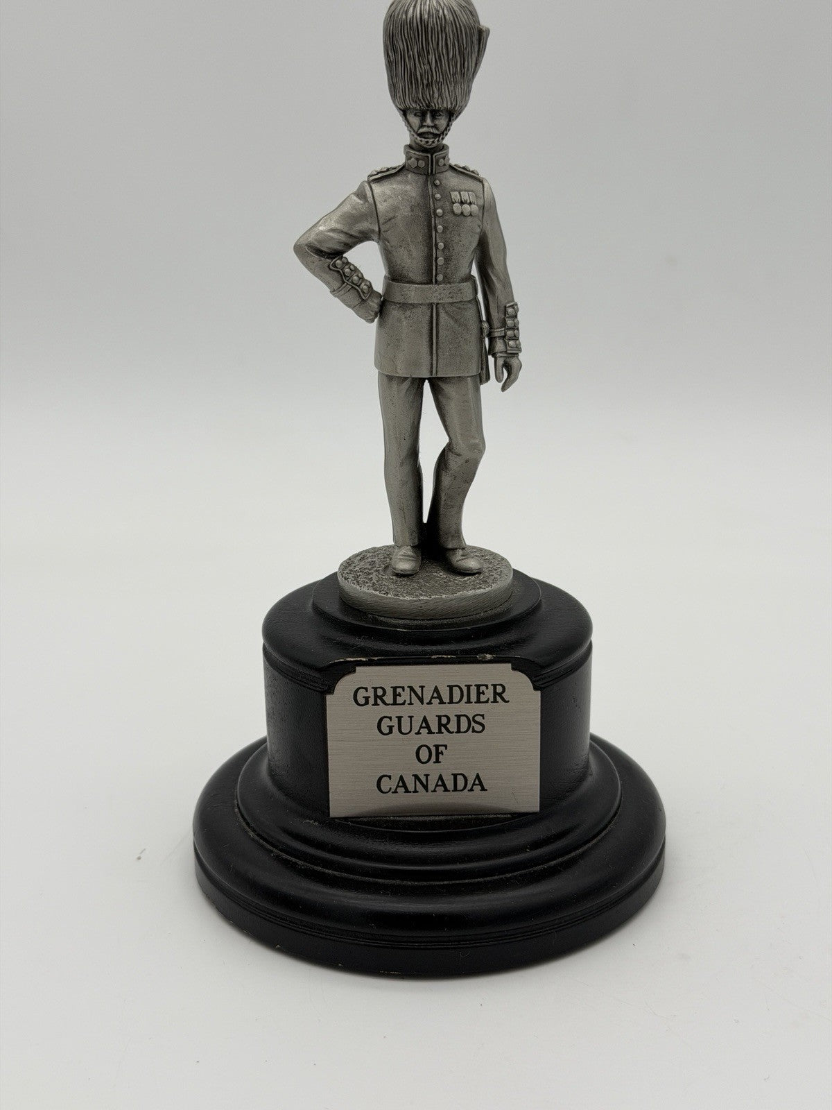 Vintage Pewter Grenadier Of Canada On wooden base soldier figurine Sculpture 7.5