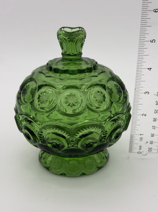 MCM LE Smith Art Glass Moon & Stars Lidded Compote / Candy Dish Green Emerald