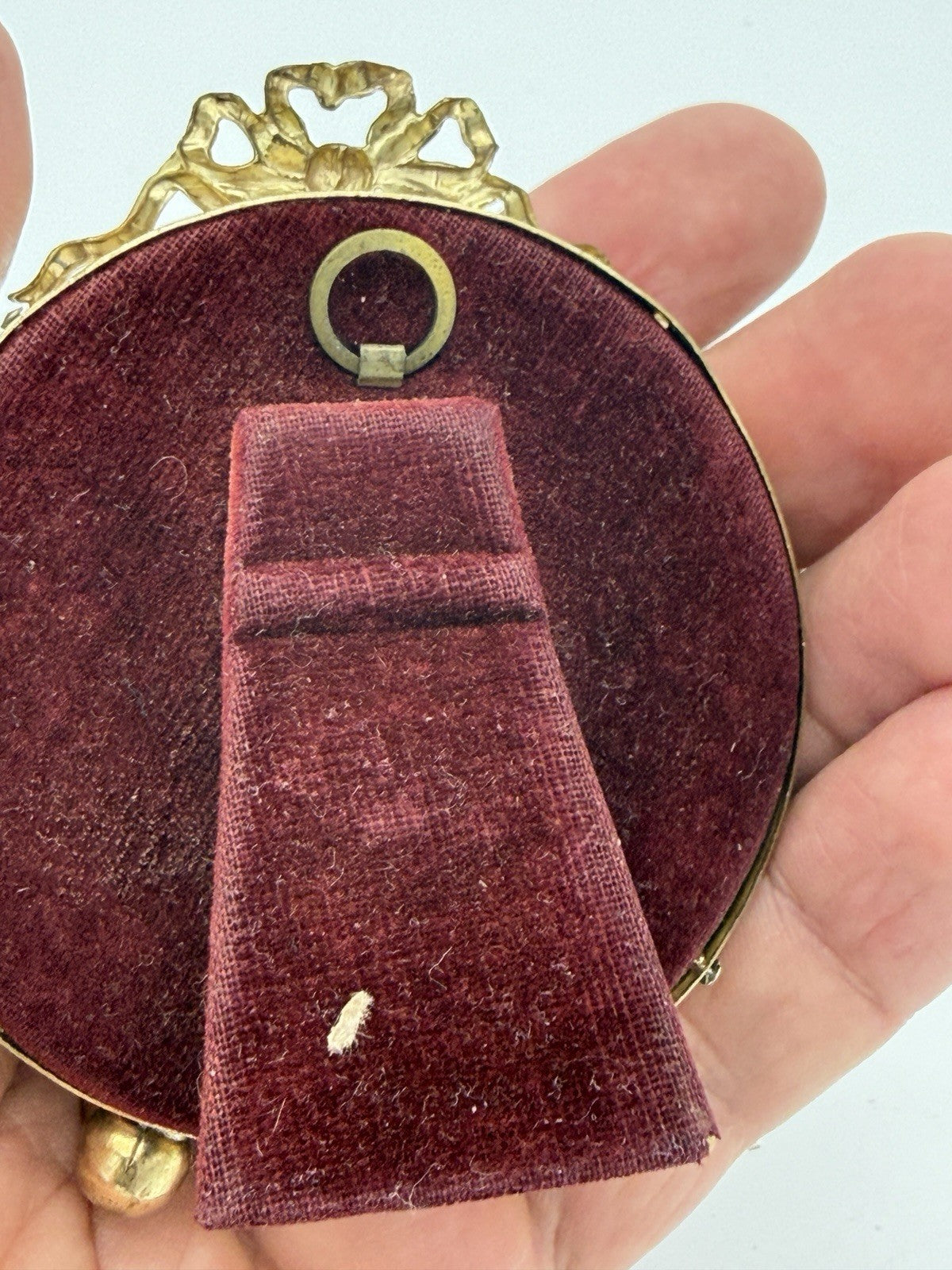 Antique Victorian French Gold Gilt Round Filigree Bow Crest Mini Photo Frame