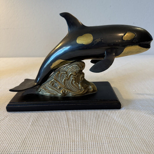 Orca Metal Sculpture No Marking Wooden Base Randy Puckett Style Not Original