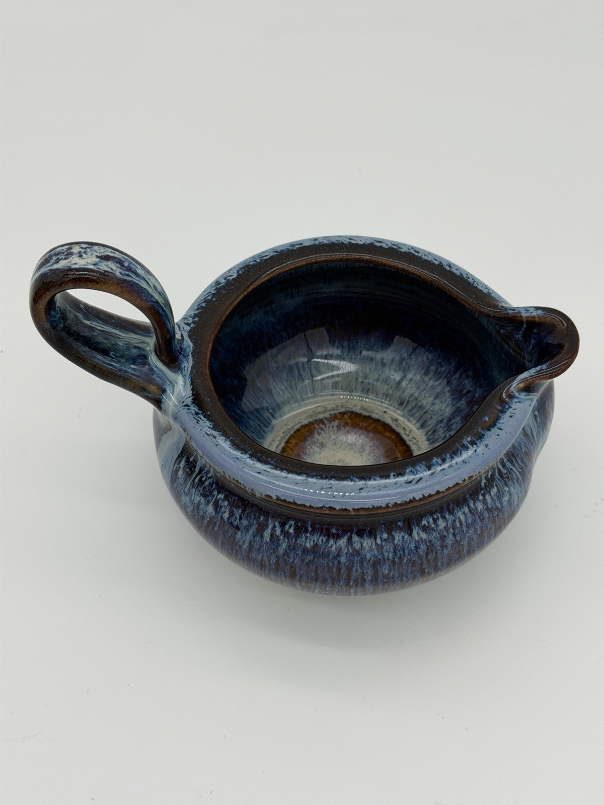 Bill Campbell Studio Art Pottery Gravy Sauce Boat  Brown Blue Drip Glaze 4.5”x6”