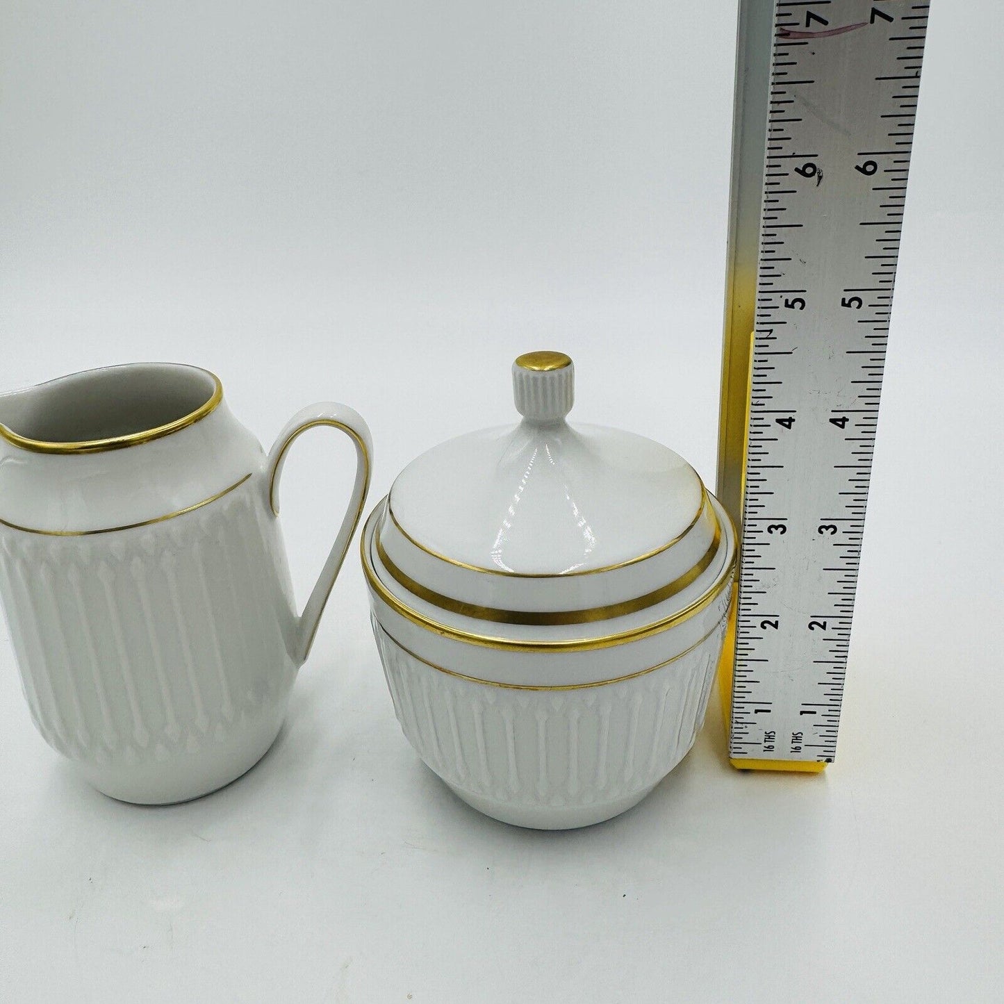 Rare Hutschenreuter Luxor Germany Porcelain 3106 Creamer & Sugar White Gold Trim