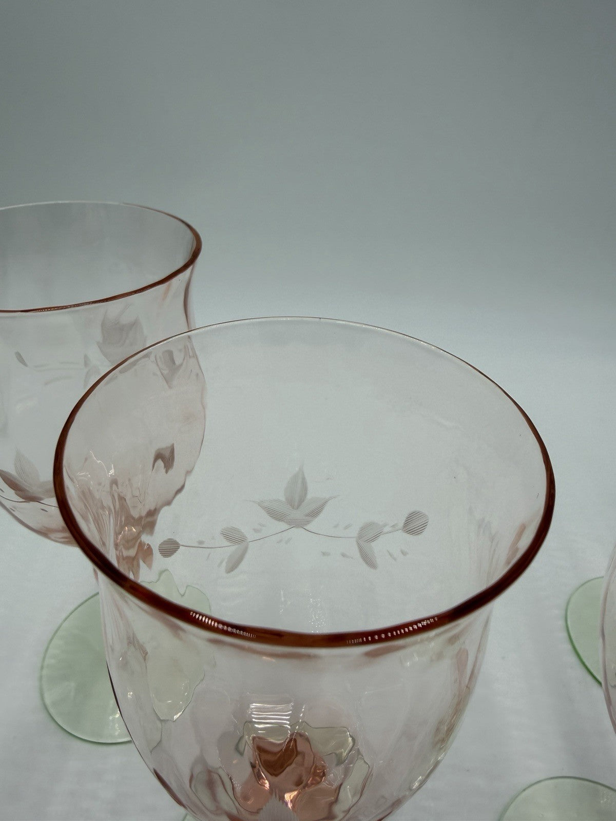 1930 Art Glass Uranium Weston Watermelon Etched Stemmed Wine Glasses 4pcs