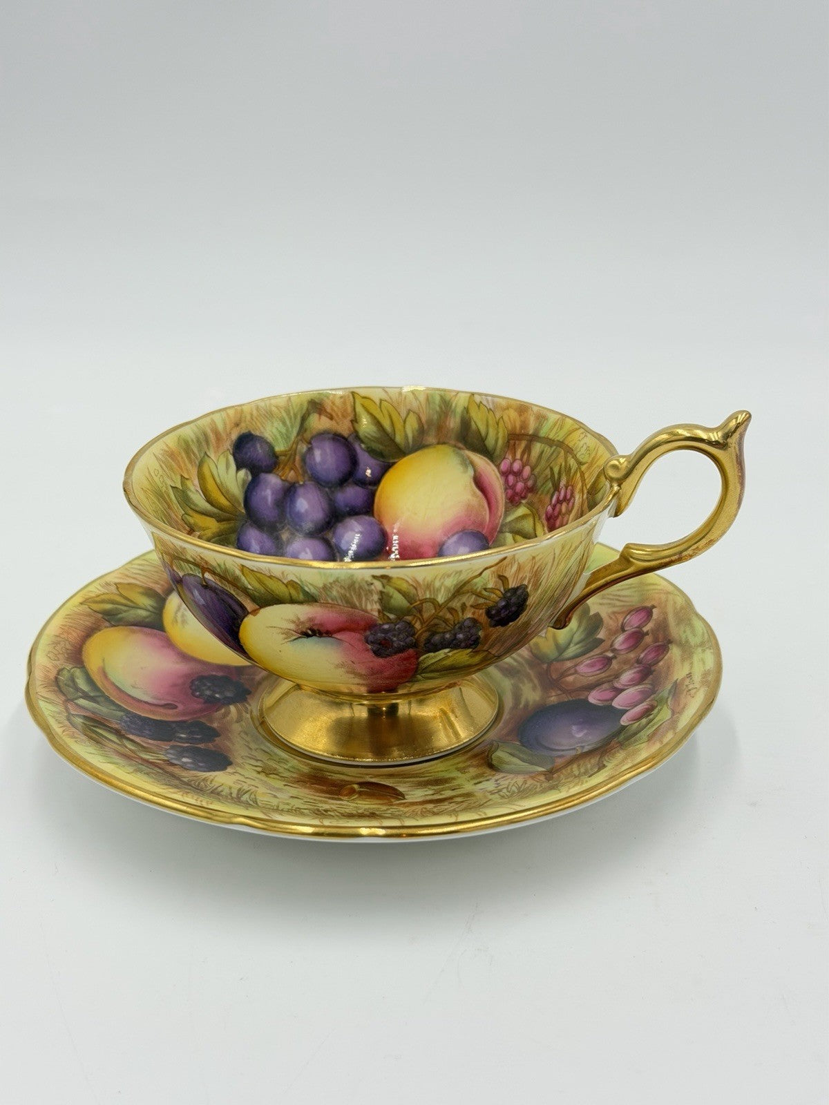 Aynsley England Porcelain Orchard Fruit Gold Teacup & Saucer Vintage Set Gold