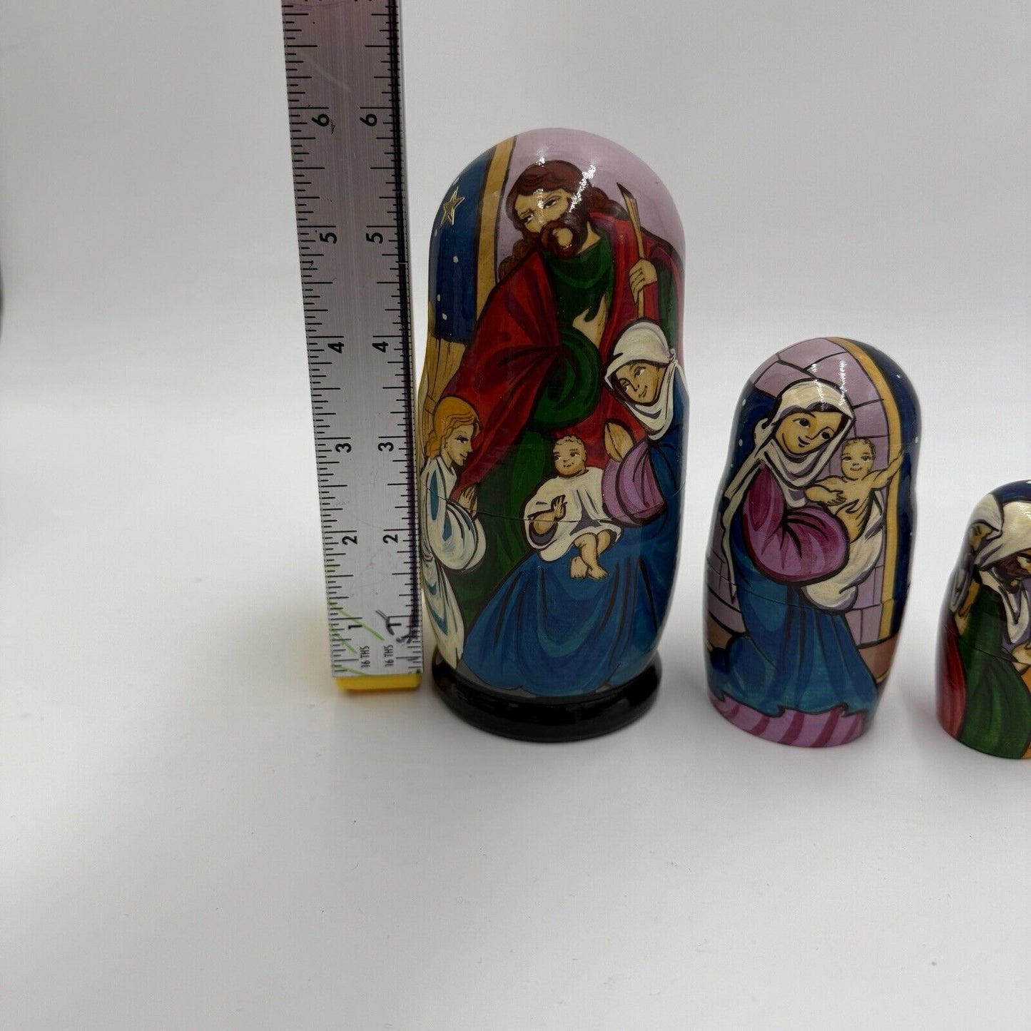 Rare Wooden Nativity Nesting Dolls Hand Painted 6” Holy Family Christmas 5 PCs