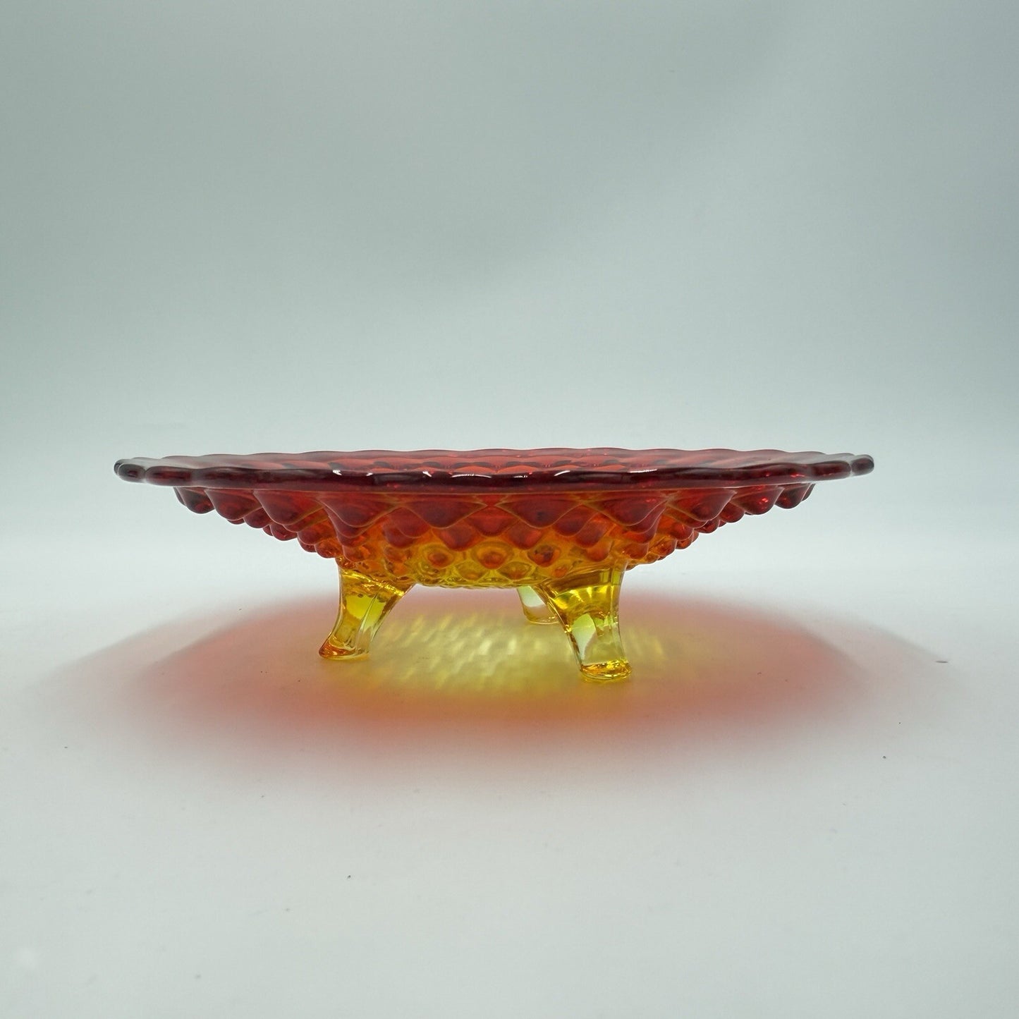 Vintage Fenton Art Glass AMBERINA Hobnail Footed Dish Bowl 7in Red Orange
