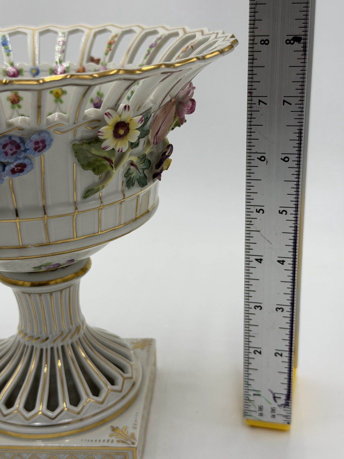 Antique Dresden Porcelain GermanyReticulated Pedestal Bowl W/ Encrusted Flowers