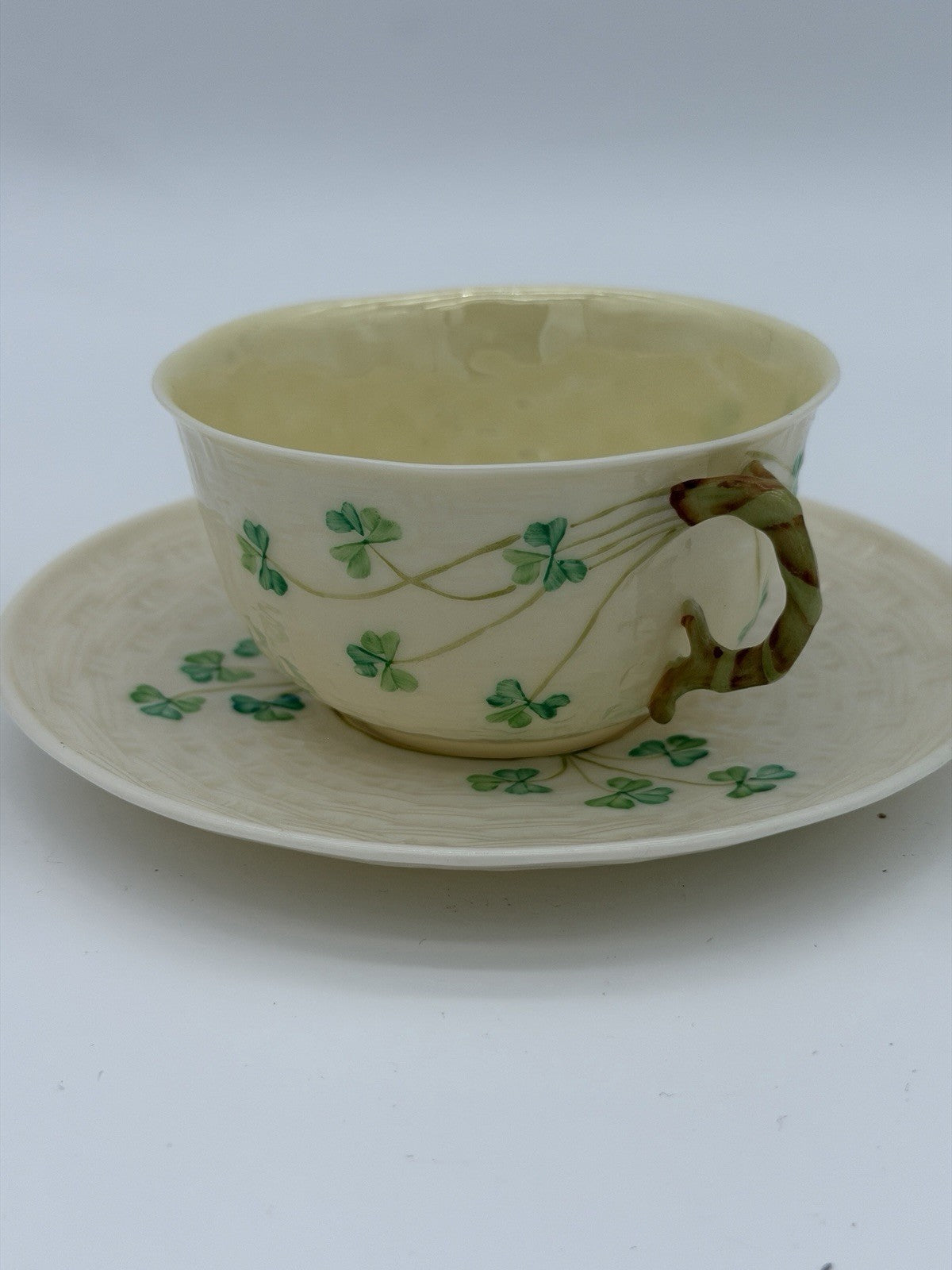 Belleek Ireland Porcelain 2ND GRN/1955 Shamrock Beige Saucer & Teacup Set