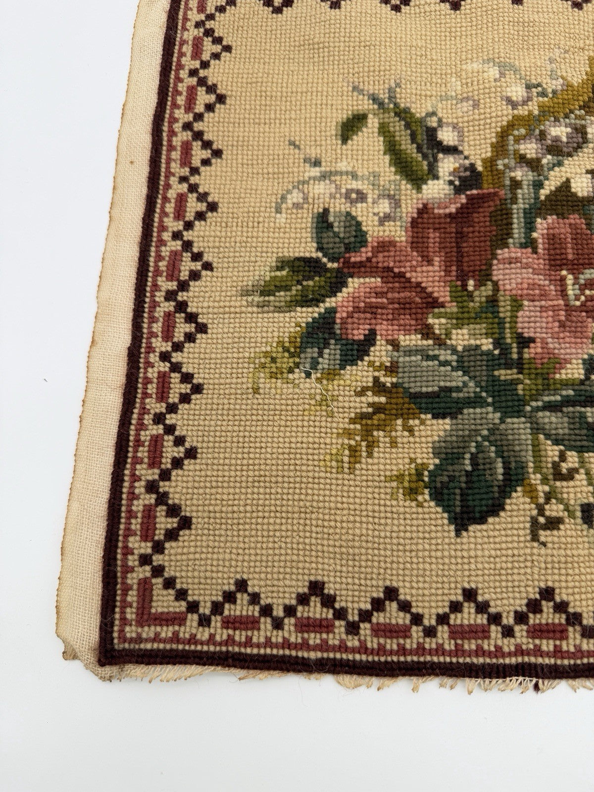 Antique Needlepoint Embroidery Victorian Roses Wool Embroidery panel top 12”x12”