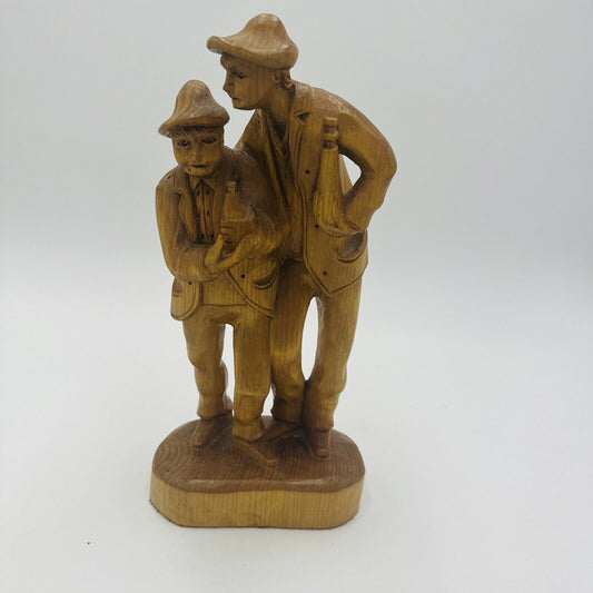 Wood Carved Drunk Men Folk Art Sculpture 11in Hand Carved Vintage