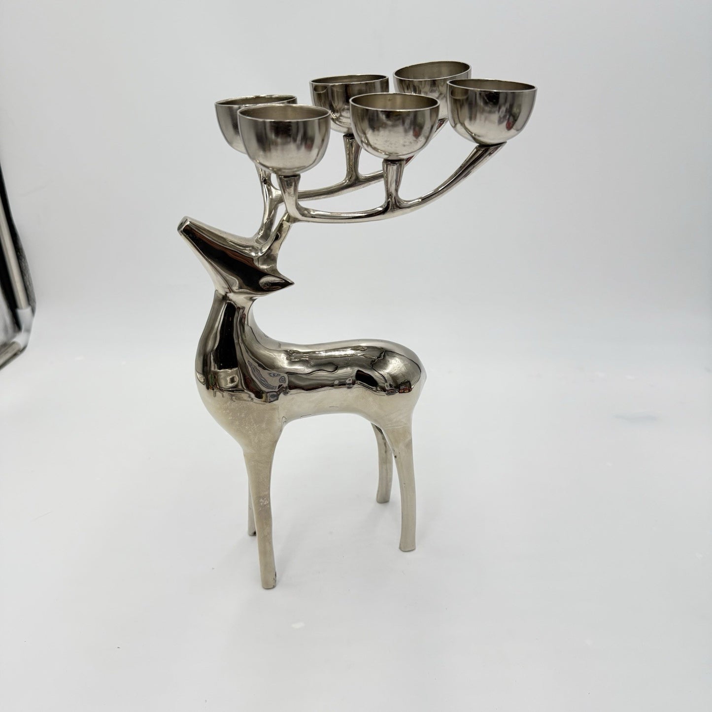 Pottery Barn Reindeer Silver Tone Holiday Votive Candelabra 12”x 7” Candle Holde