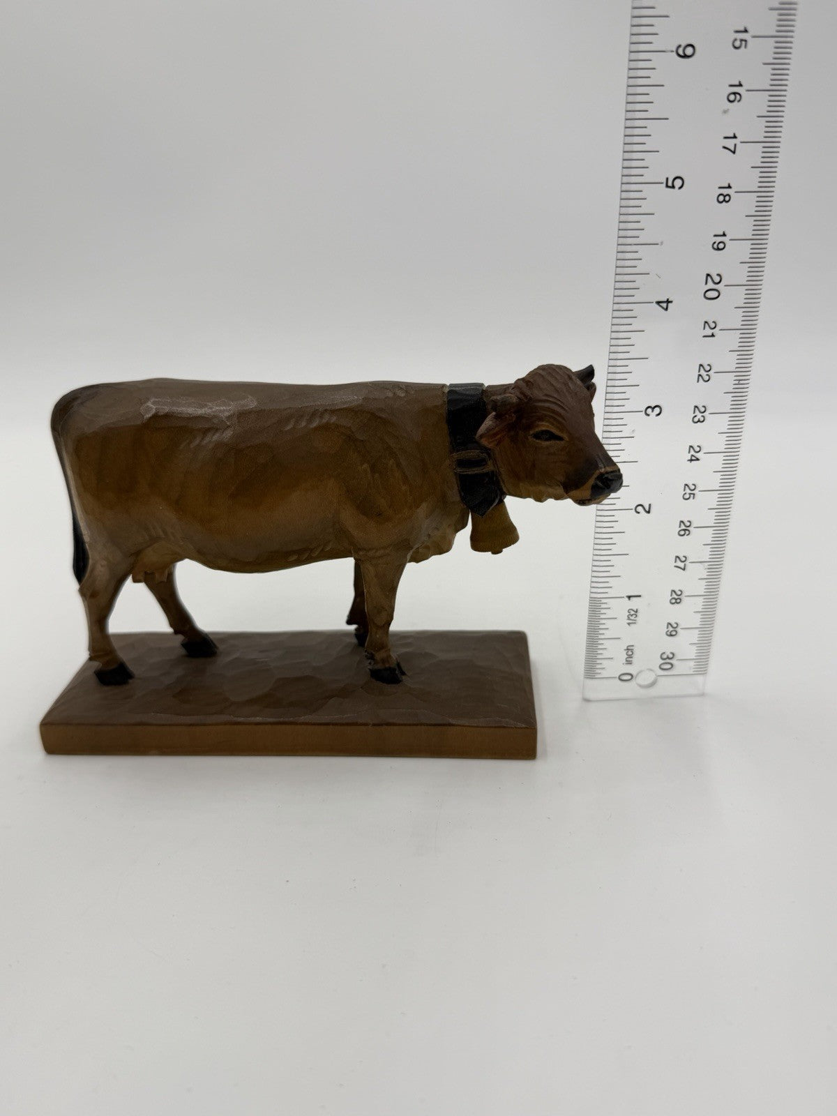 Swiss Folk Art Wood Carving Cow Signed HF Figurine Antique Switzerland 3.5”H X6”