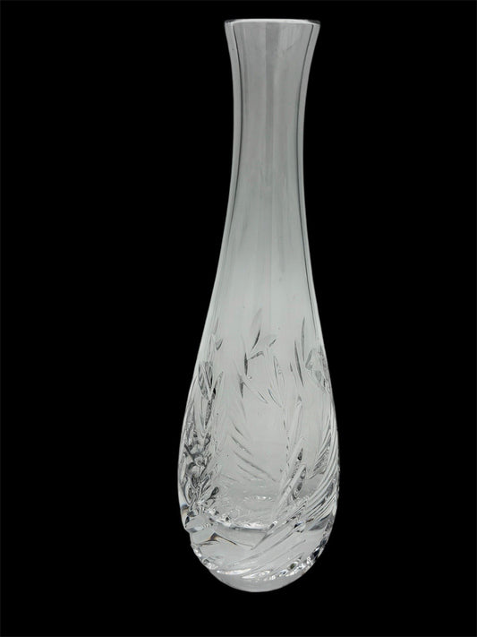Tiffany & Co Crystal Merion Pattern Etched 8"H Bud Vase Clear Leaves Feathers
