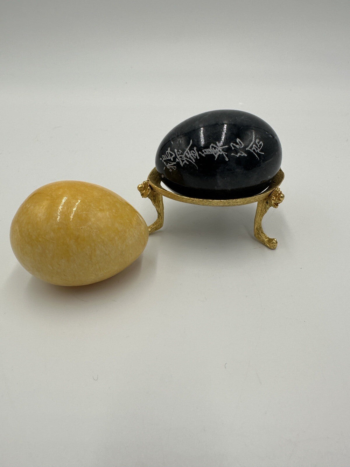 Alabaster Marble Eggs Stone 3in Etching Asian Words Yellow Black Vintage Easter