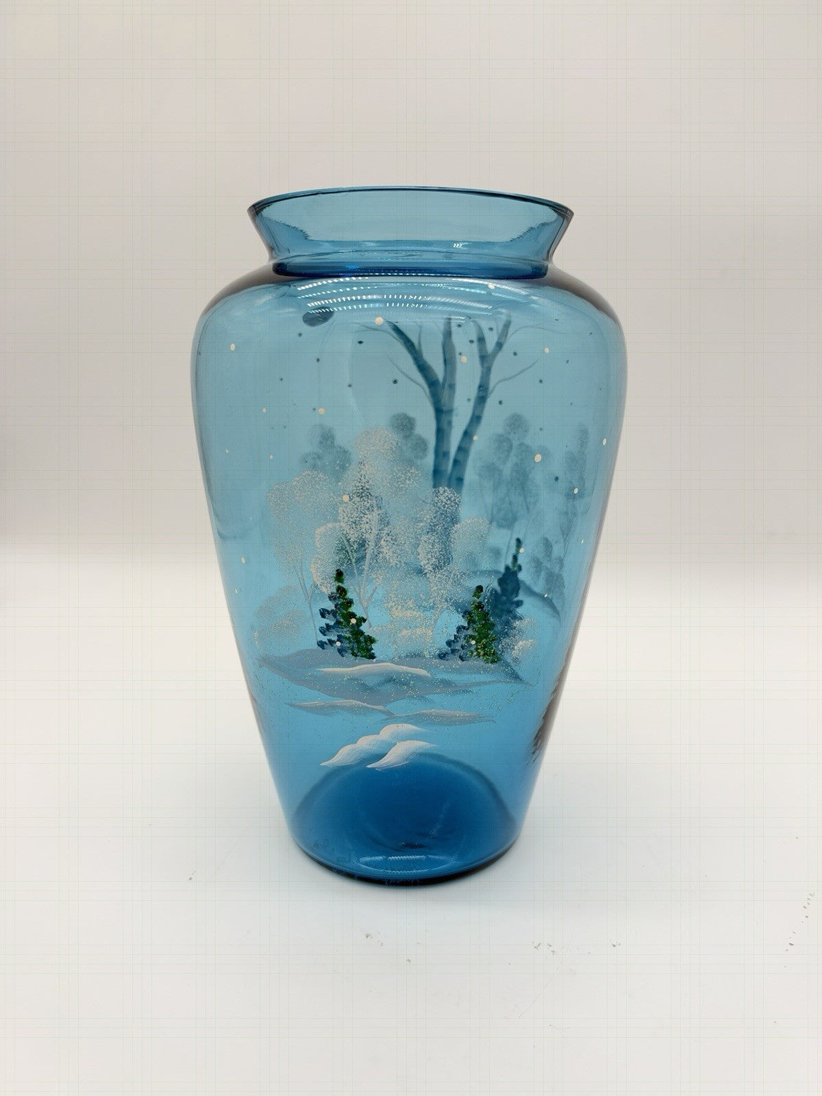 Fenton Art Glass Quality Blue Hand Painted Winter Christmas Scene Vase 8.5”H