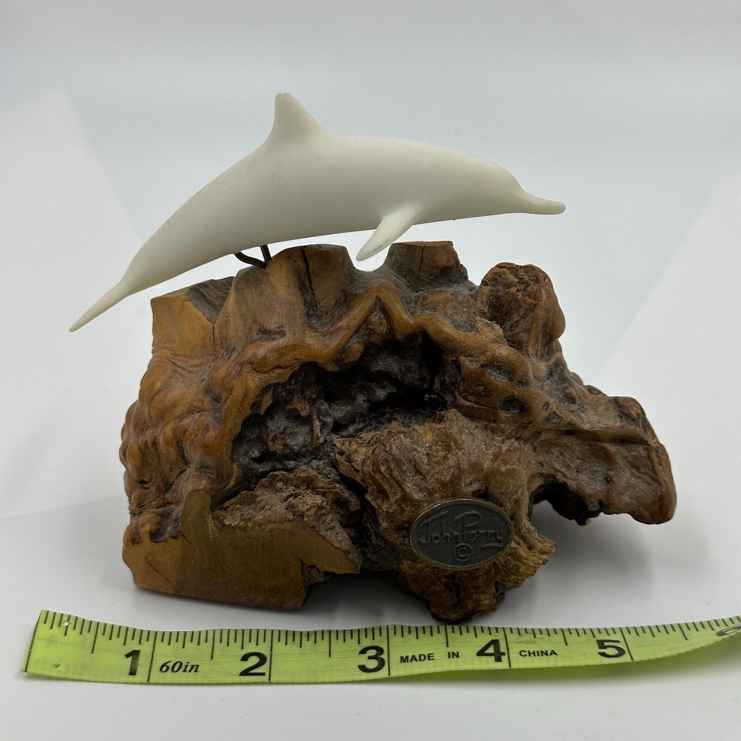 John Perry Dolphin Figure Pellucita Manzanita Wood Marked Ocean Sculpture Statue
