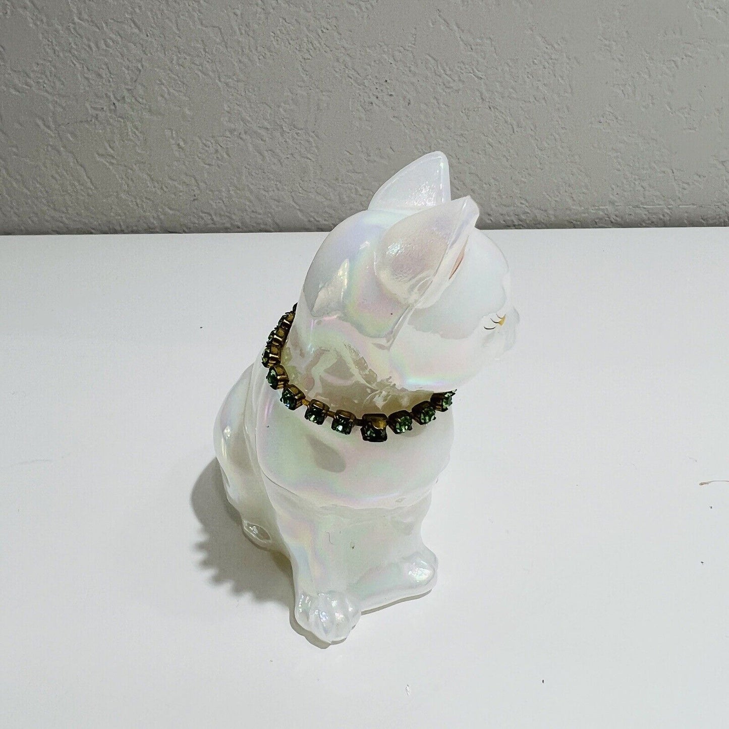 Fenton Cat Figurine May Birthstone Art Glass Iridescent White Signed by Artist