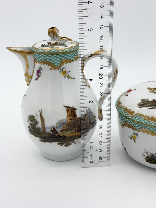Rare Meissen C.1720 Porcelain Painted Country Scene Milk Jug & Sugar Bowl Antiqu