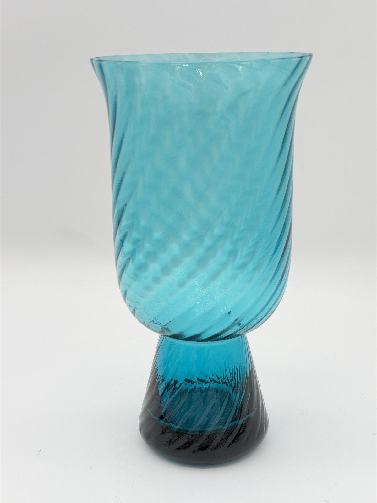 Empoli Italy Handblown Art Glass Diamond Optic Teal Pedestal Vase 8.5” Swirl