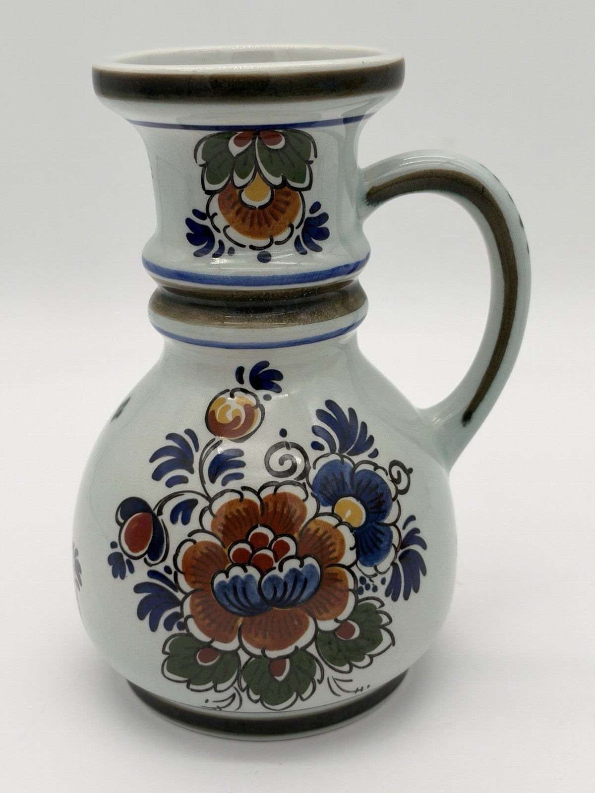 Delft Dutch Art Pottery Polychroom Pitcher Hand-Painted Floral Ceramic Vase 6”