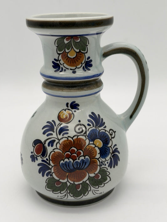 Delft Dutch Art Pottery Polychroom Pitcher Hand-Painted Floral Ceramic Vase 6”
