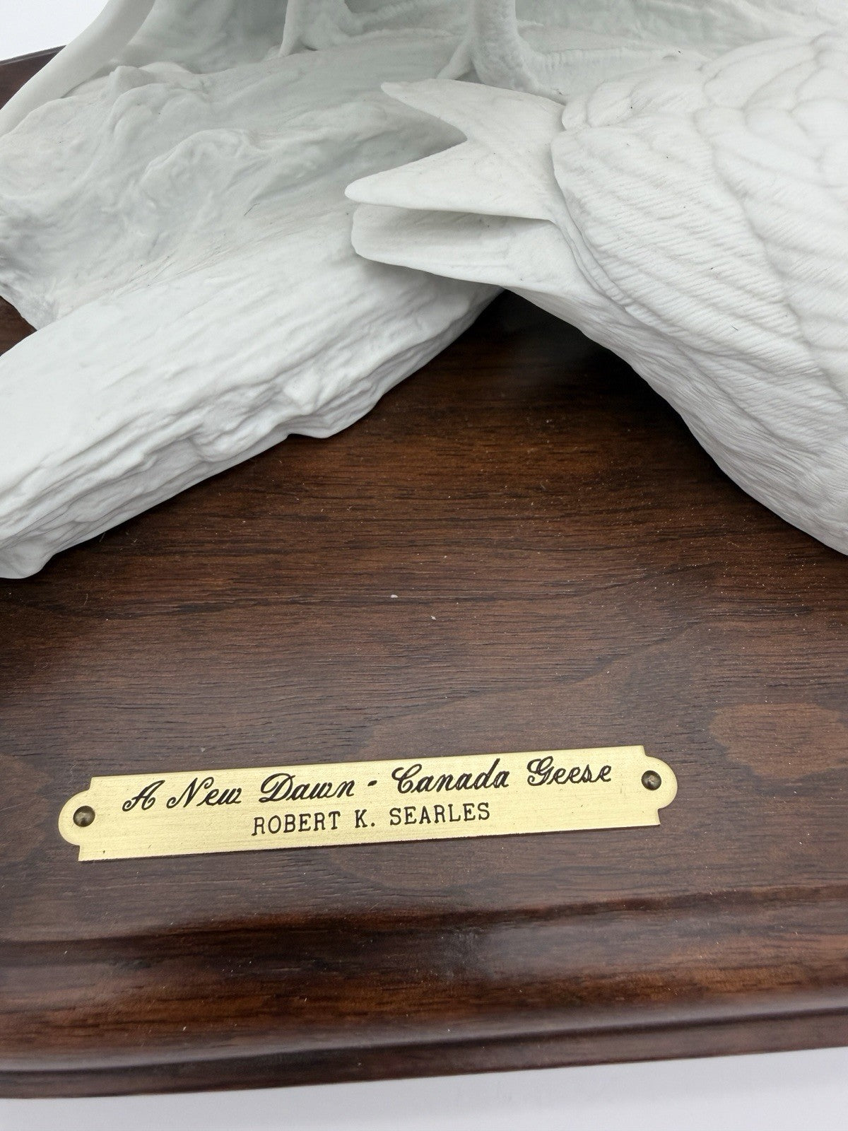 Robert E. Searles white bisque porcelain Canada Geese sculpture A New Dawn wood