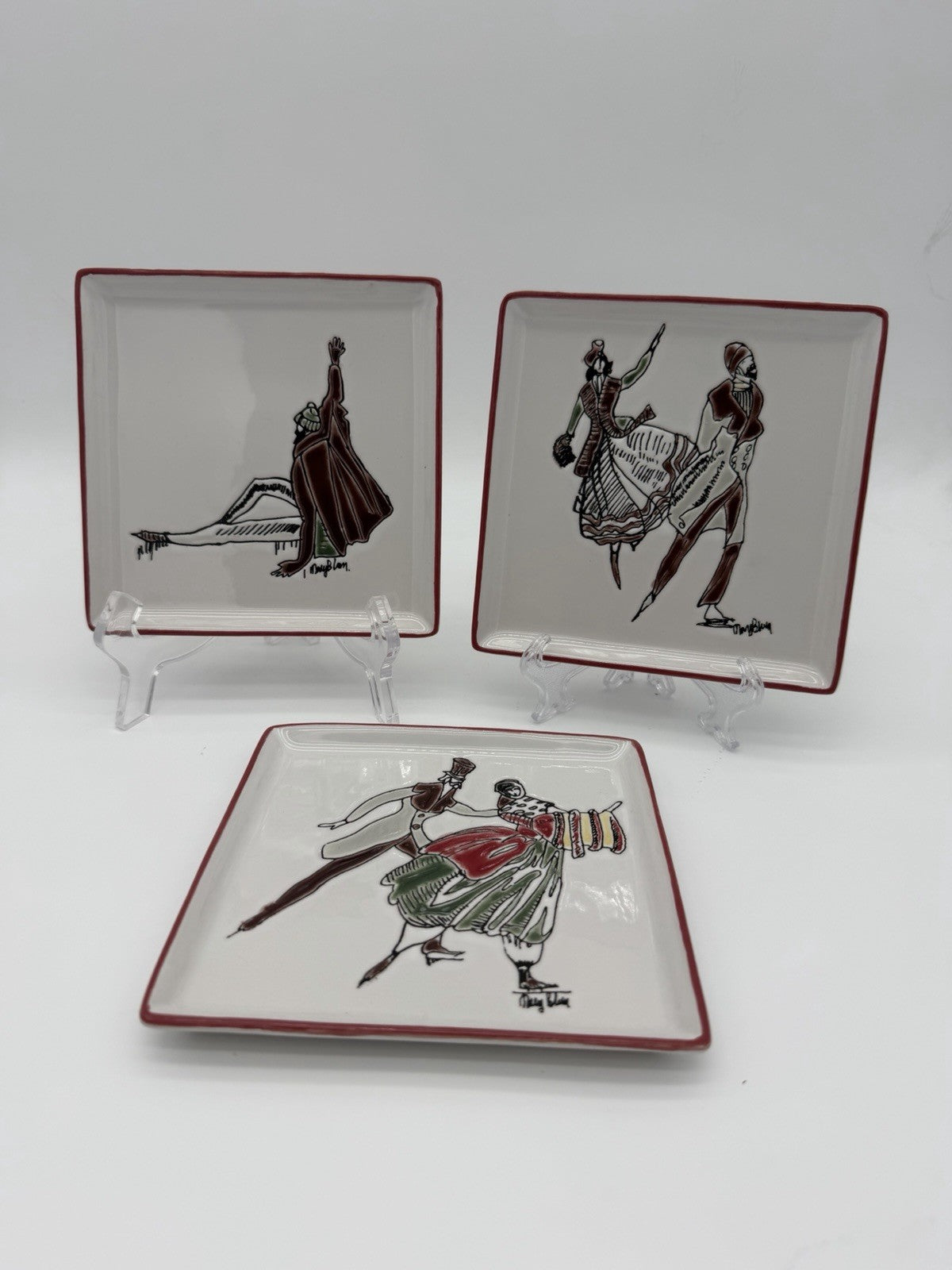 Rare Mary Blair Signed Stoneware Square Skating On Ice Trays Victorian Couples