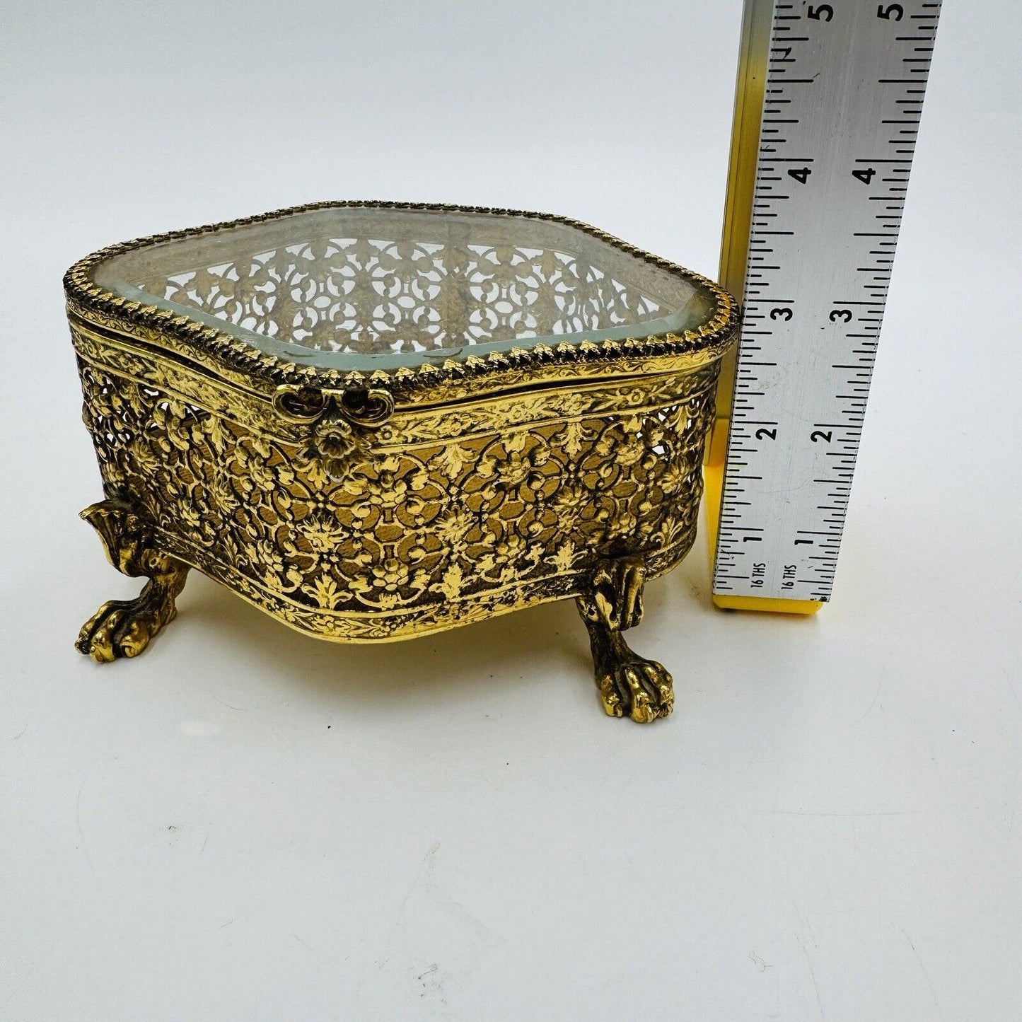 French Beveled Glass Gold Filigree Ormolu Jewelry Casket Box Claw Foot Vintage