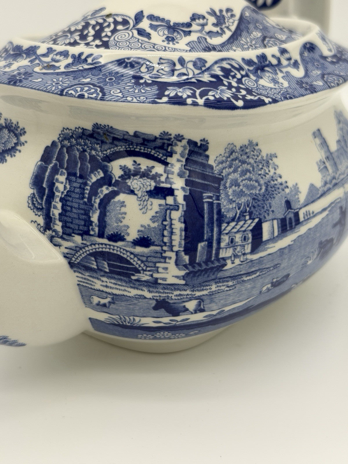 Large Spode England Porcelain Italian Blue & White Teapot 17/A4 Scenic 10”x5”