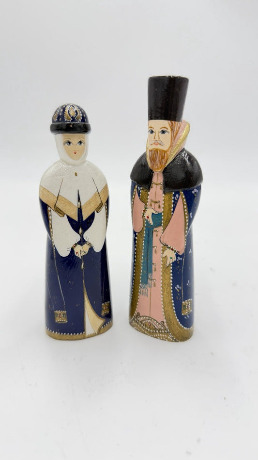 Vintage Folk Art Wood Carved Russian King & Queen Hand Painted Signed Figurines