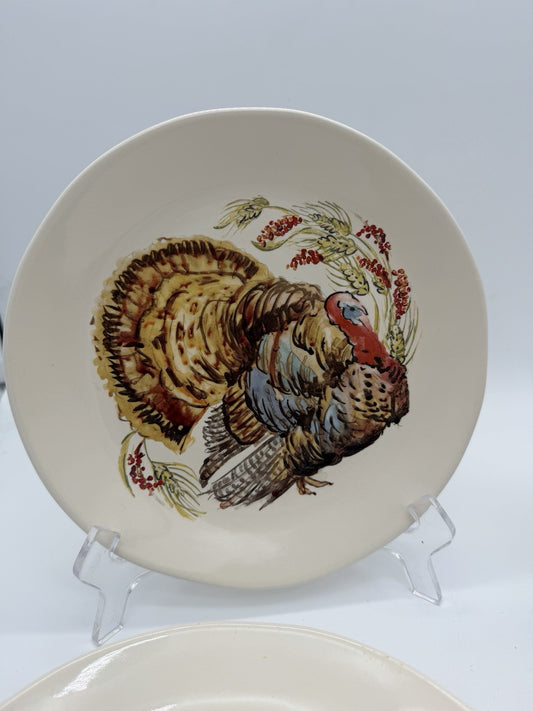 Pottery Barn Watercolor Turkey Salad Dessert Plates Set Of 4 Thanksgiving 8”