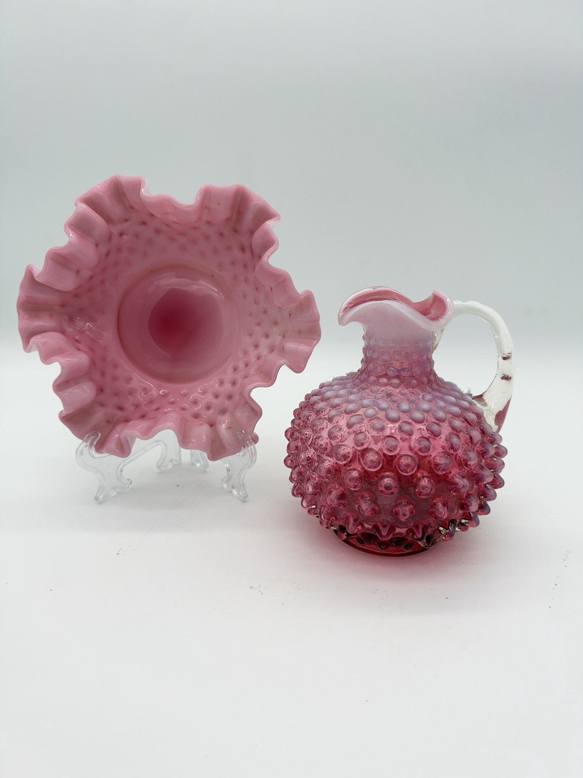 Vtg Fenton Art Glass Cranberry Opalescent Hobnail Ruffled Bowl & Pitcher