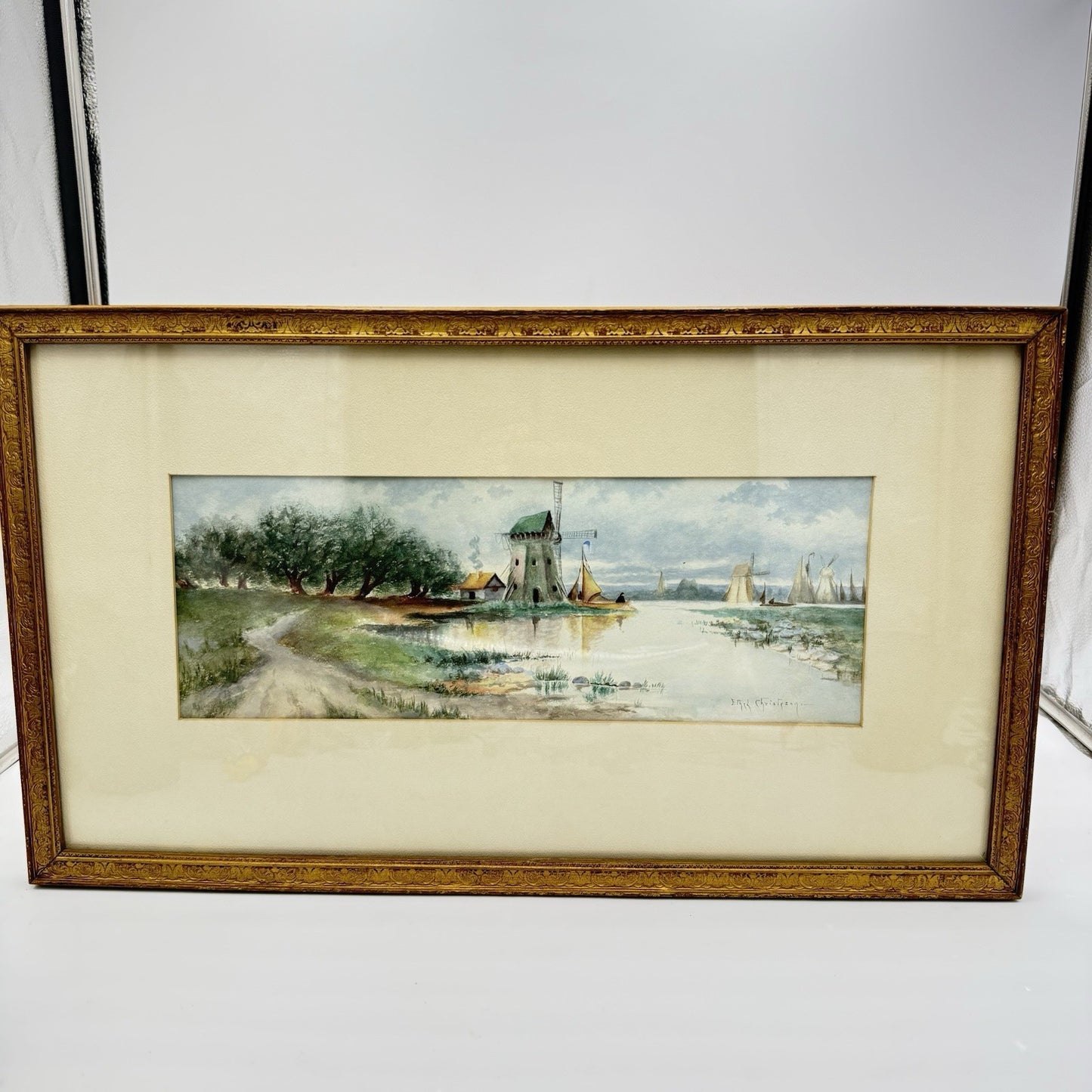 Dutch Scene Windmill & Boats Watercolor Painting signed Ethel Christpson Origin