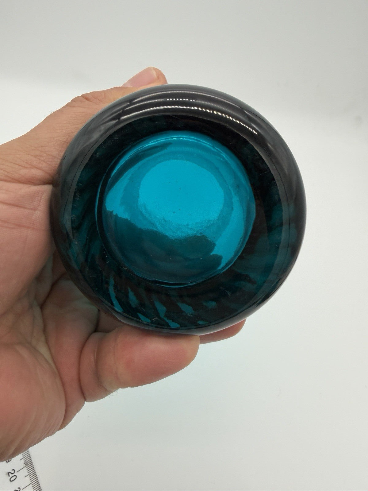 Empoli Italy Handblown Art Glass Diamond Optic Teal Pedestal Vase 8.5” Swirl