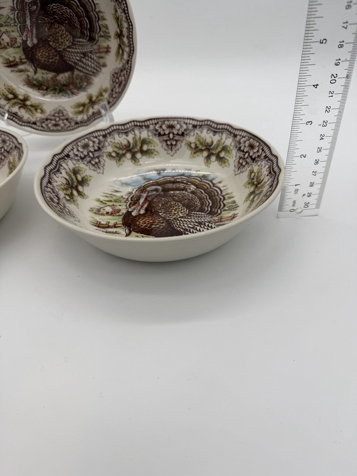 Victorian English Pottery Turkey Bowls Dinnerware Fall Thanksgiving 7”set 3 PCs