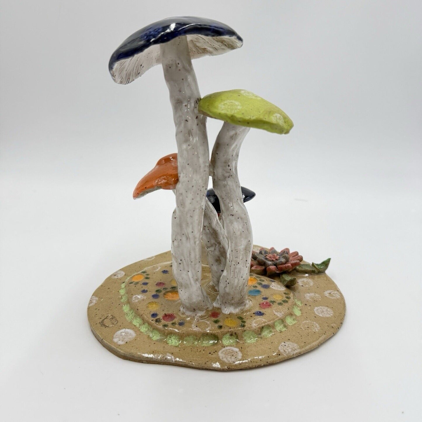 KD Signed Art Pottery Mushrooms Sculpture Studio Crafted Vintage Ceramic Painted