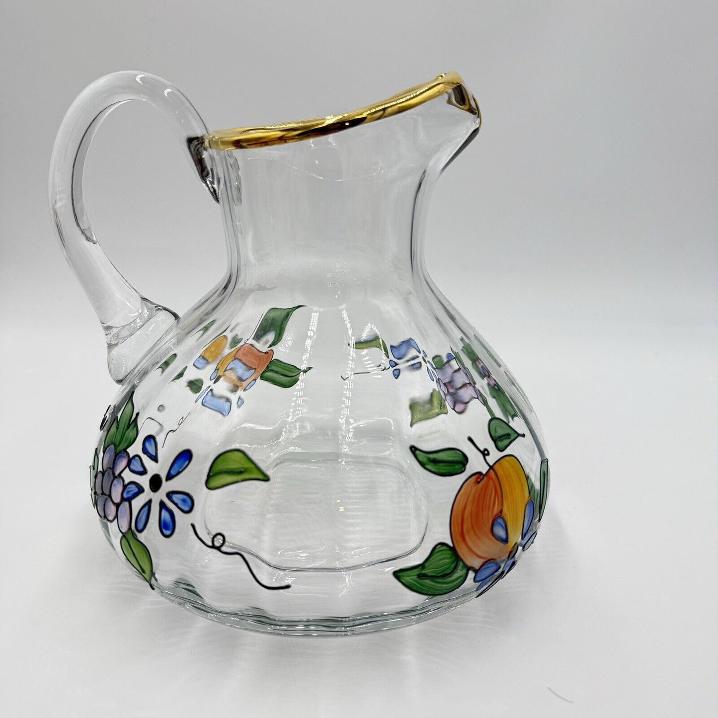 Vtg. Fifth Ave Crystal Ltd. Romanian Glass Hand Painted Pitcher 22k Gold Large