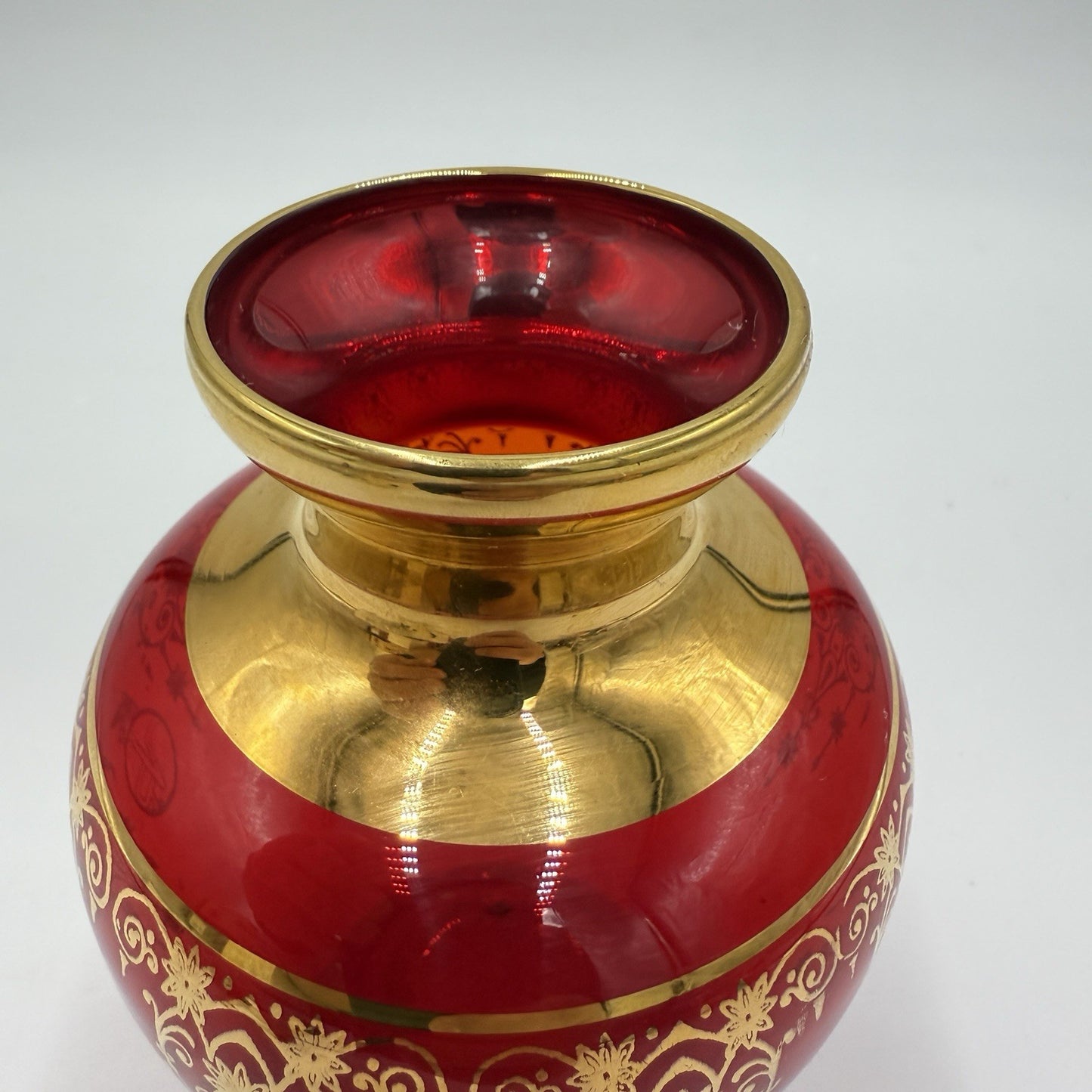 Vecchia Murano Ferro and Lazzarini Ruby Red Glass 22k Gold Leaf Vase Italy Glass