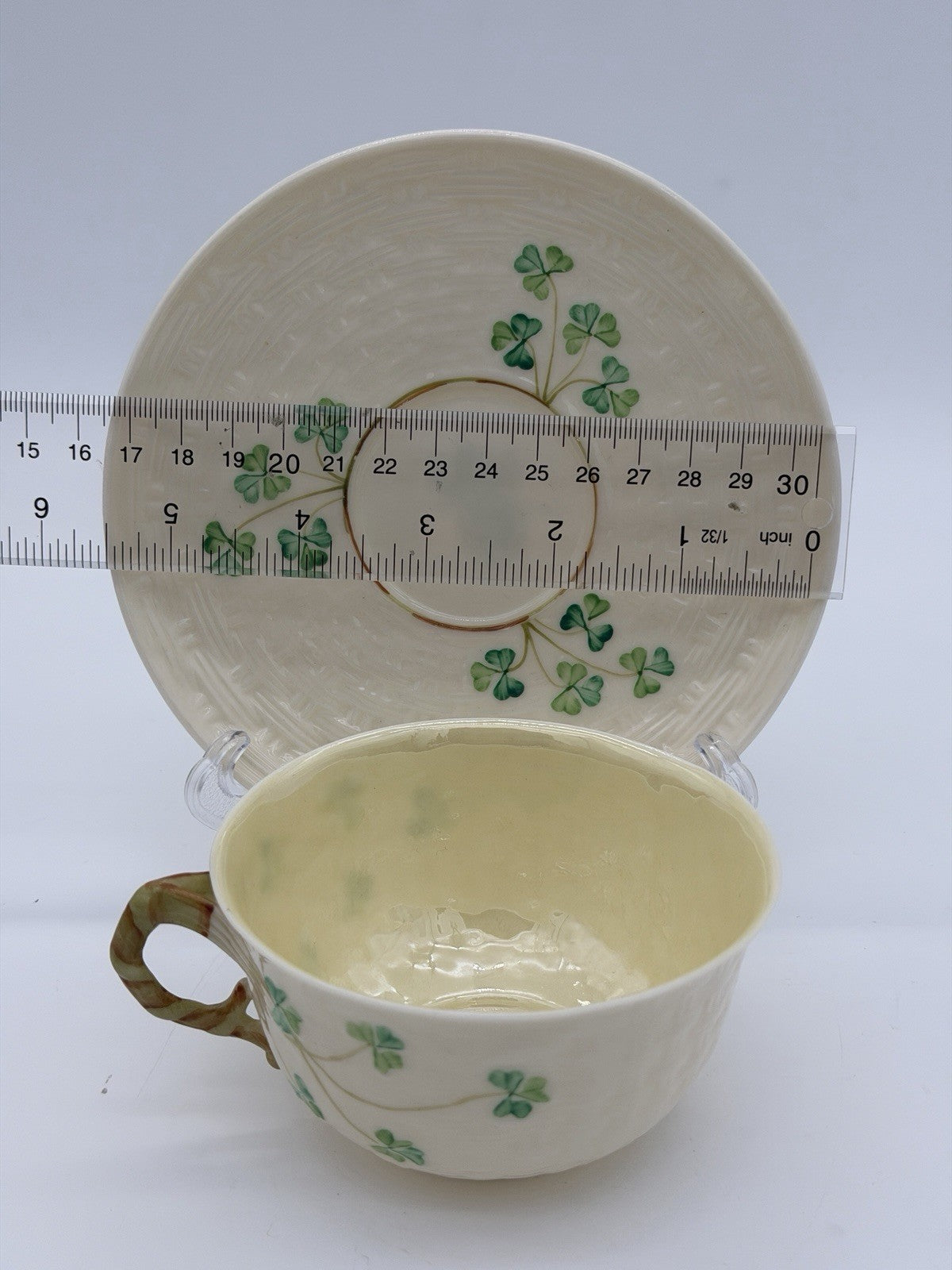 Belleek Irish Porcelain Shamrock Teacup & Saucer 5th Green Mark 1955–1965