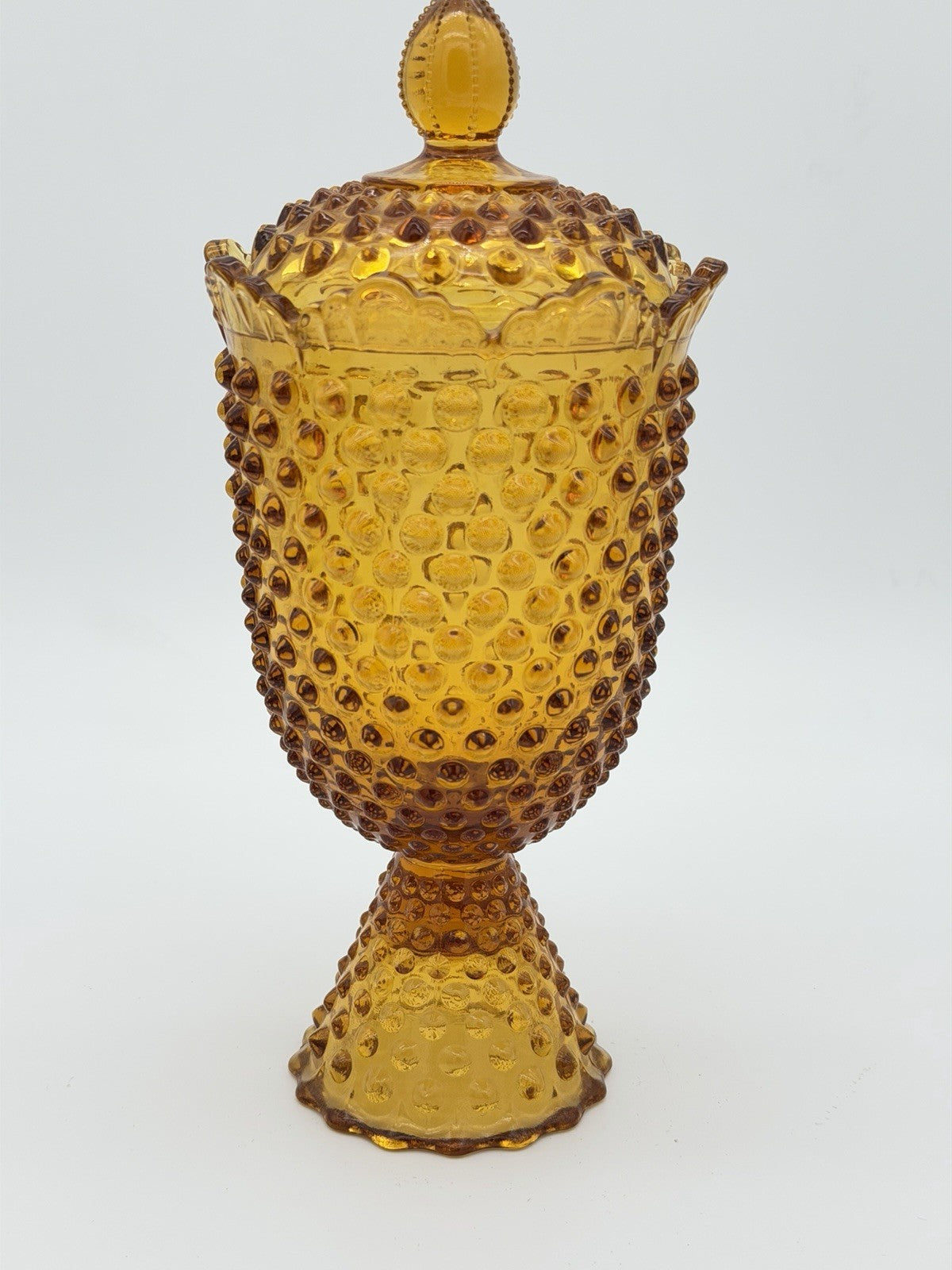 Fenton Art Glass Hobnail Colonial Amber Candy Dish With Lid 11”H Vintage USA