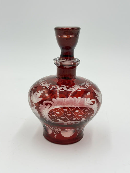 Vtg Egermann Bohemian ruby red art glass cut decanter Czech Republic 5”H W/lid