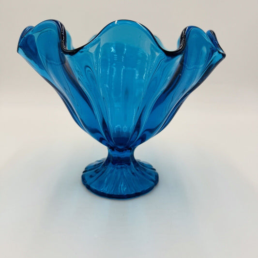 MCM L E Smith Glass Pedestal Peacock Blue Bowl With Ruffled Rim Rippled Sides 7”