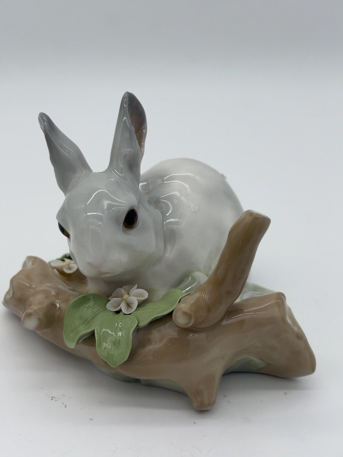 Lladro Spain Porcelain Bunny Rabbit Eating On Branch Gray /white Figurine Vintag