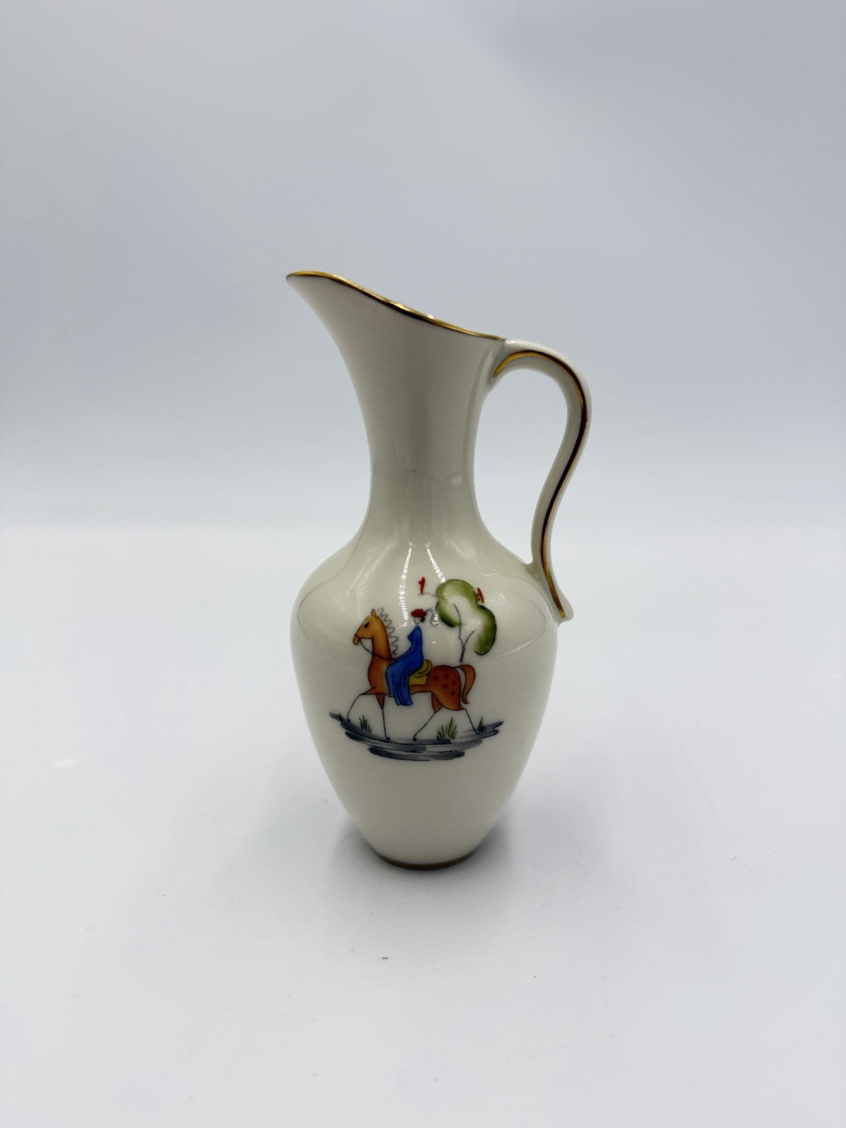 Vintage Lindner Porcelain Kueps Bavaria Germany Pitcher 5” Horseback Ride