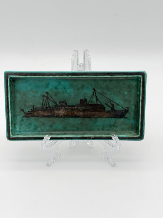Gustavsberg Sweden Teal Argenta Trinket Dish boat 1940s Wilhelm Kåge