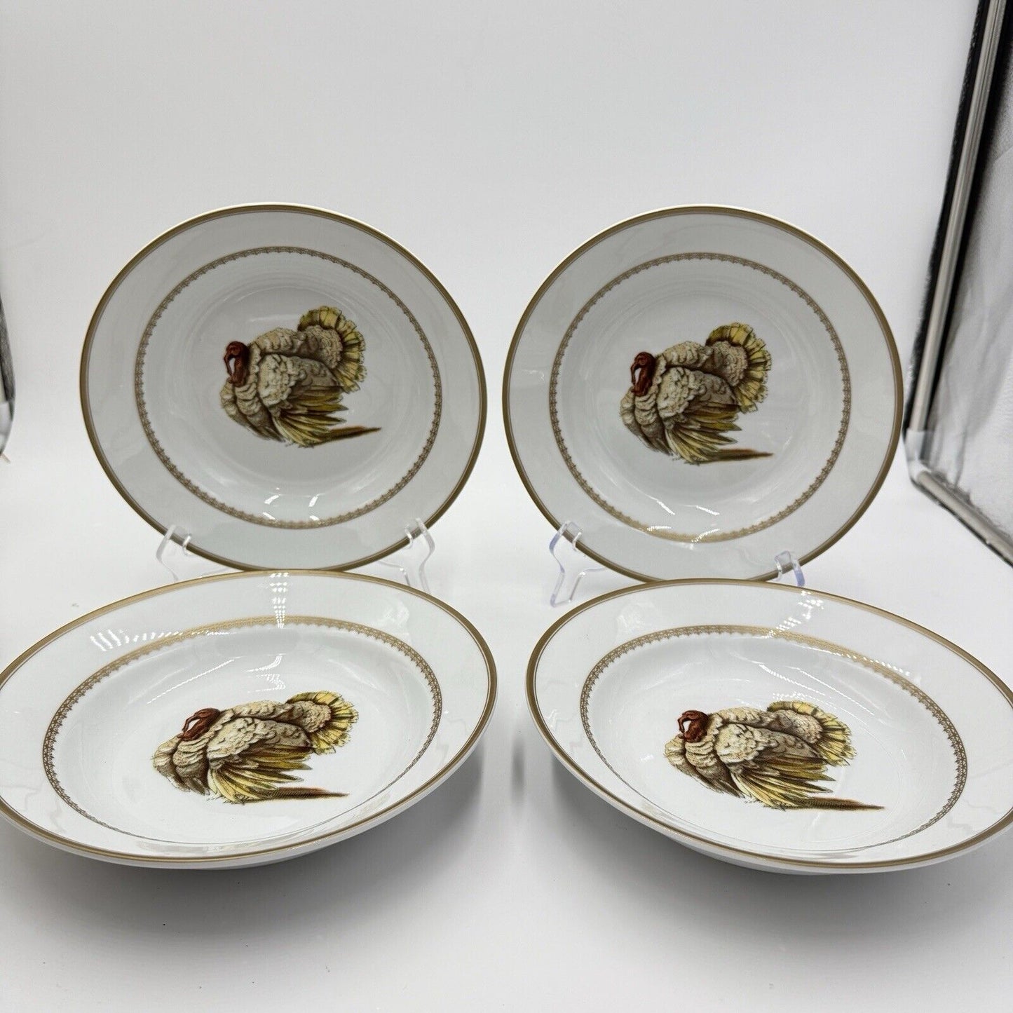 Estate Turkey Rim Soup Bowls Williams Sonoma Pasta Gold Trim Tom Gobbler 4 PCs