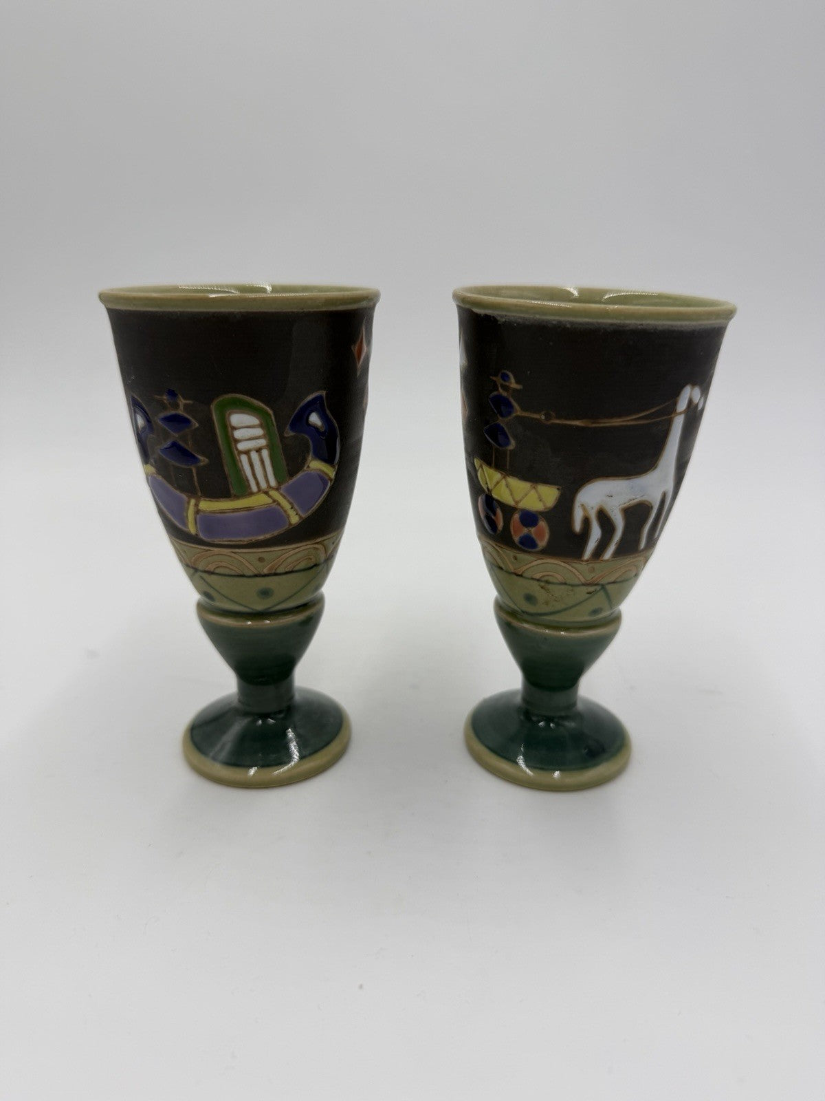 VTG Arita Cups Horse Signed Incised & Enameled Pottery Wine Goblet 4 1/2" Japan