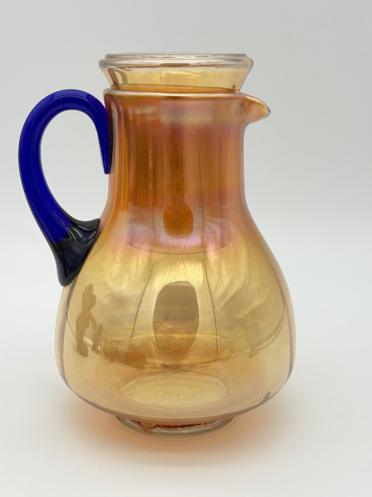 Fenton Art Glass Guest Tumble Up carnival pitcher marigold cobalt blue handle